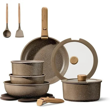 CAROTE 17-Piece Nonstick Cookware Set with Detachable Handle, Induction Compatible, Oven Safe, Brown Pots and Pans for Kitchen & RV | Walmart (US)