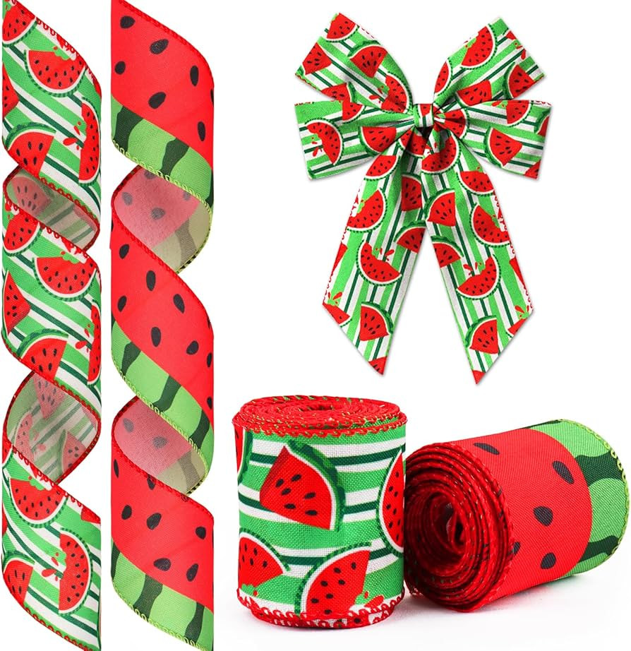 2 Rolls Summer Ribbons Wired for Wreath Bows Wrapping Gifts, Red Fruit Watermelon Ribbon for Gift... | Amazon (US)