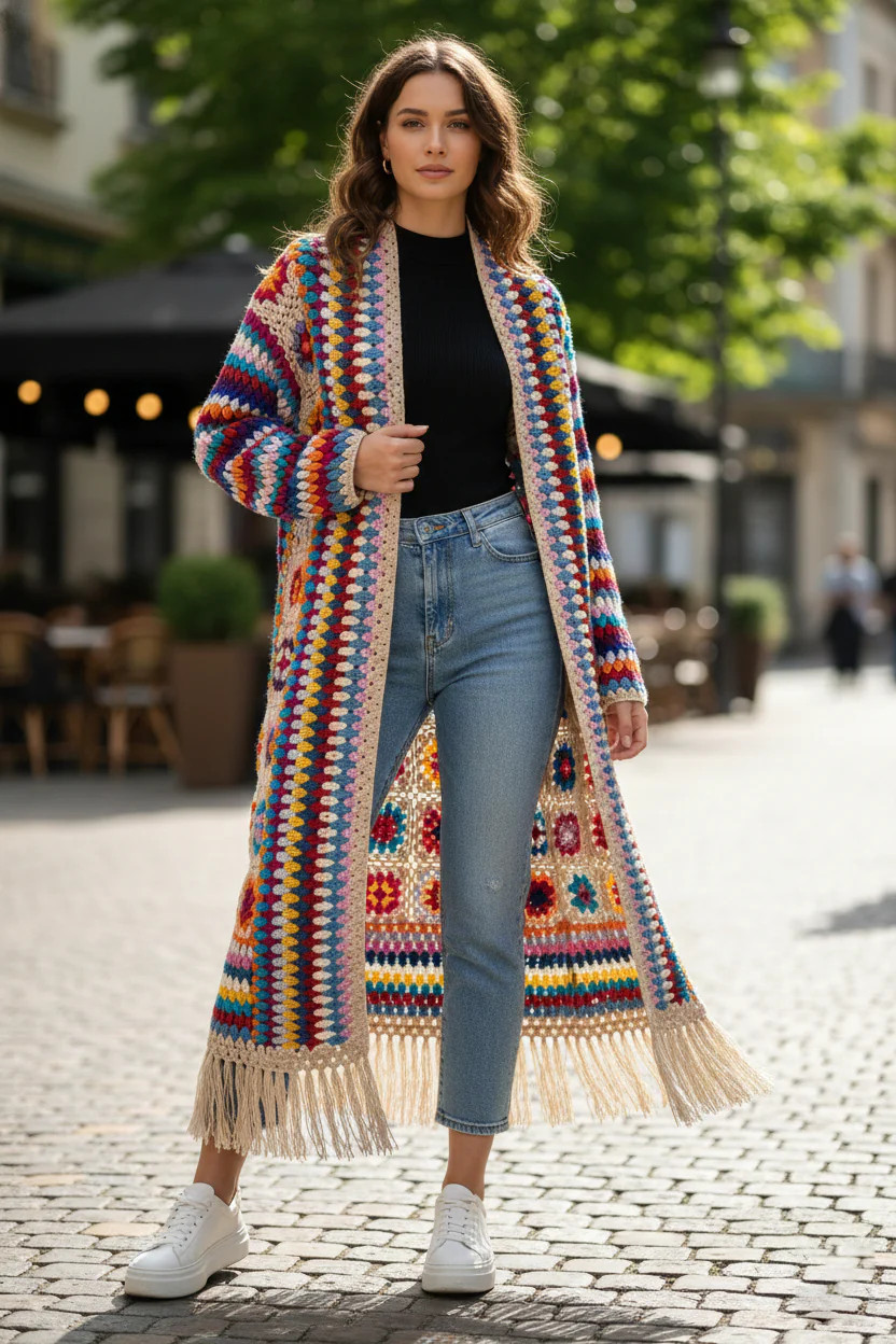Fringed Crochet Kimono Long | Saachi