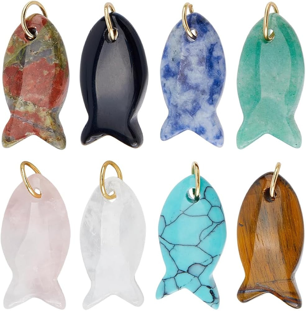 SUPERFINDINGS 8Pcs 8 Styles Natural Gemstone Beads 28mm Fish Crystal Charm with Jump Rings Tiger Eye Amethyst Charms Sea Ocean Animal Spacer Pendant for Jewellery Making | Amazon (US)