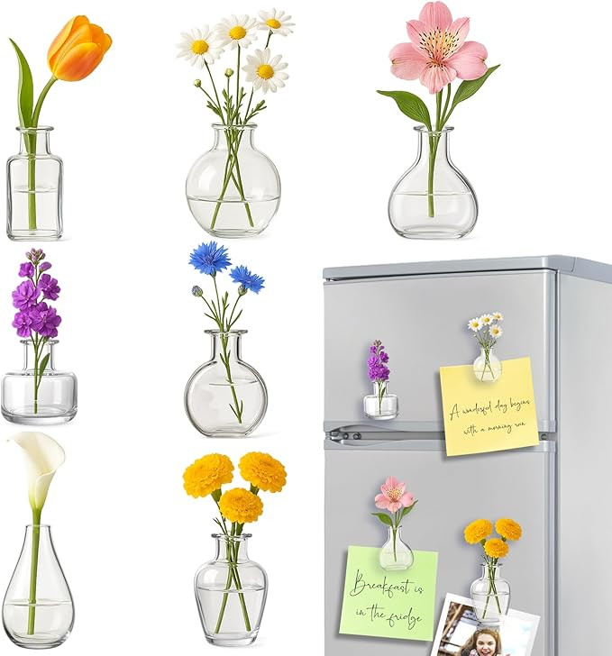 7PCS Mini Vase Magnets for Fridge - 3D Glass Bud Vase Magnets Fridge Decoration Set Design for Re... | Amazon (US)