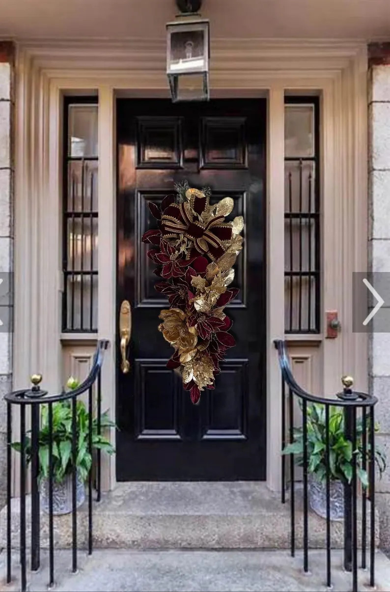 Burgundy Velvet Gold Poinsettias Magnolia Christmas Designer Teardrop Swag for Front Door - Etsy | Etsy (Global)