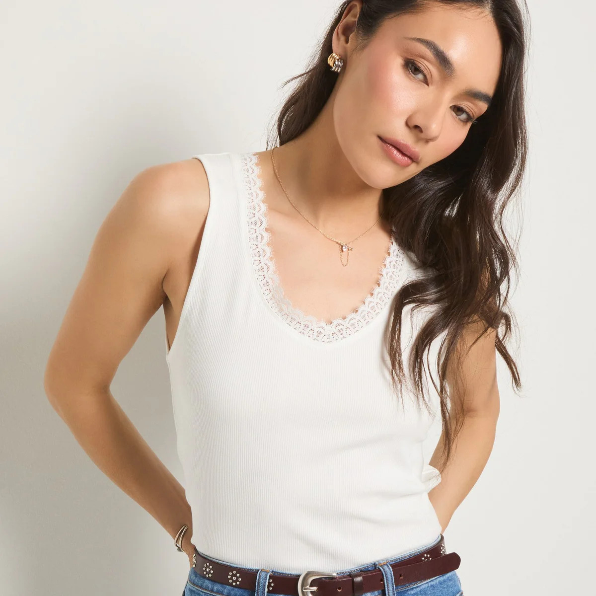 Whitecap Lace Trim V-Neck Tank - Soft & Versatile Top | Seventy Eight and Sunny