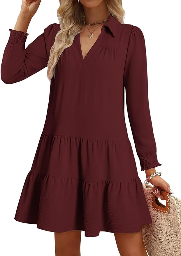 Wkior Casual Dresses for Women Long Sleeve Fall Lapel Collared V Neck Pleated Midi Dress 2025 | Amazon (US)