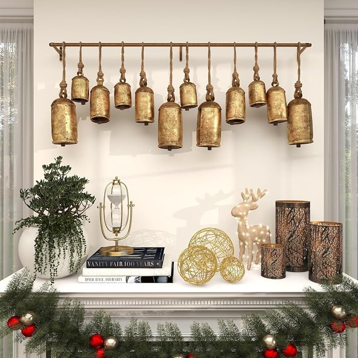 Cow Bells Giant Vintage Rustic Tin Metal Set of 12: Handmade XL Antique Brass Decor for Holidays, Swiss Souvenirs, Rustic Christmas Decor on Jute Rope | Amazon (US)