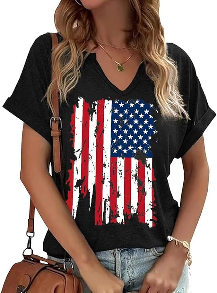 PUCKOLITY American Flag Patriotic T-Shirt Women 4th of July Shirt USA Flag Stars Stripes Graphic ... | Amazon (US)