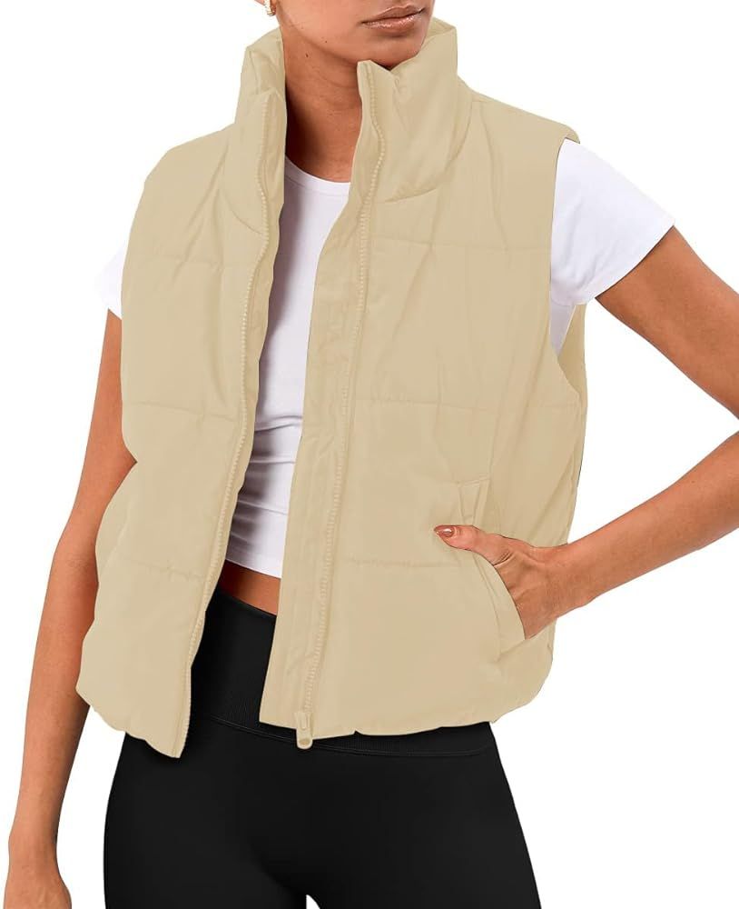 MIRALUNA Women's Casual Winter Warm Puffer Vest Sleeveless Zip Up Standing Collar Crop Outerwear Dow | Amazon (US)