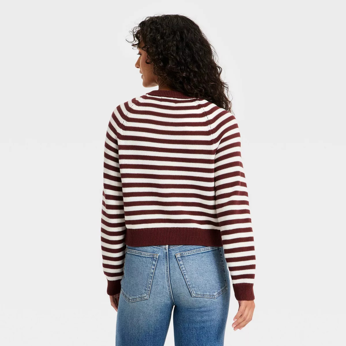 Women's Crewneck Cotton Cardigan - Universal Thread\u2122 Maroon Striped S | Target