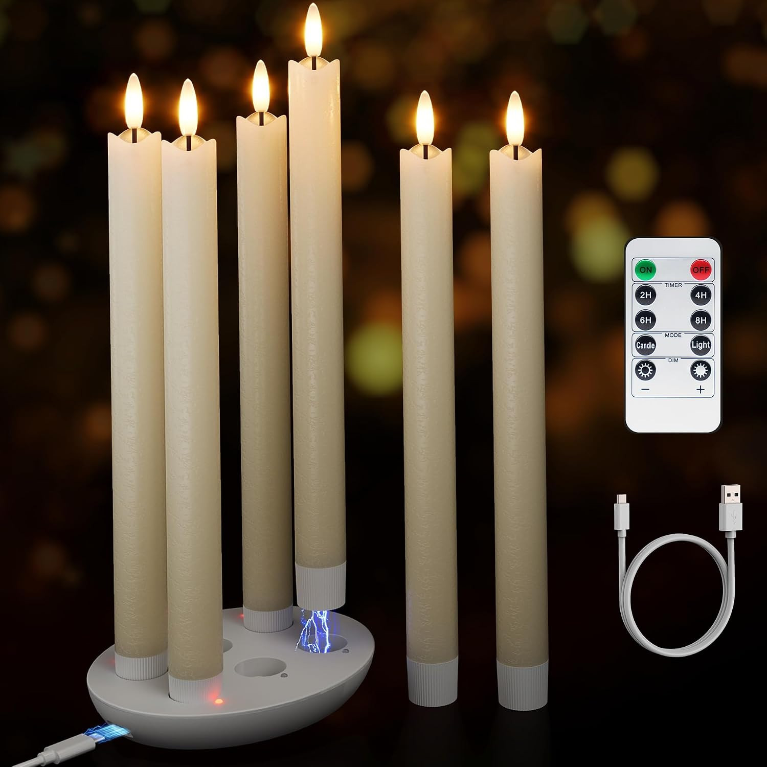 Rechargeable Flameless Taper Candles with Remote, Charging Base, 6 Pcs | Amazon (US)