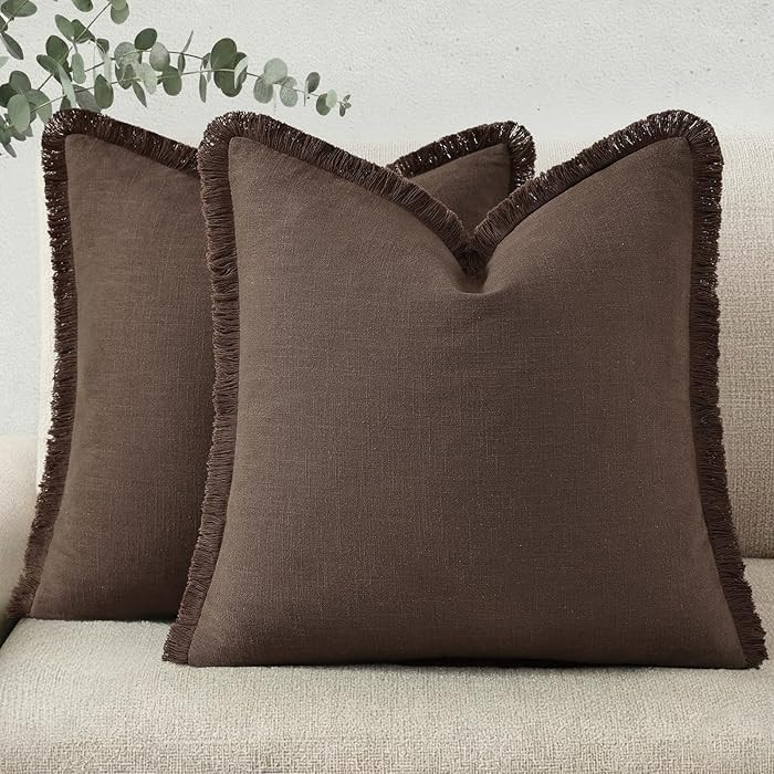 decorUhome Summer Decorative Neutral Linen Fringe Throw Pillow Covers Set of 2 Chocolate Pillow C... | Amazon (US)