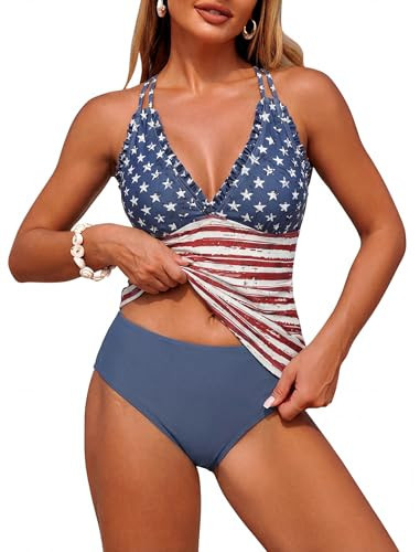 ZAFUL 4th of July Swimsuits for Women Tankini Swimwear Smocked 2 Piece Bathing Suit Modest Full Coverage Swimsuit Tummy Control High Waisted Slmming Adjustable Straps Tie Back Tankinis 2026 Blue XXL | Amazon (US)
