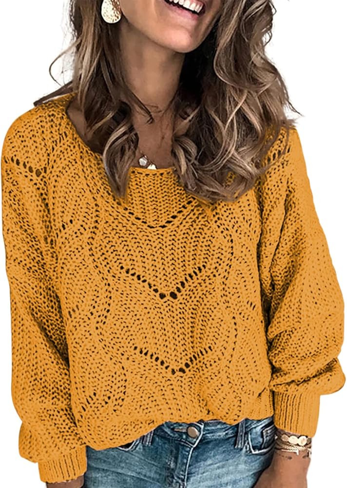 Dokotoo Womens Sweaters 2025 Crewneck Cute Elegant Soft Long Sleeve Hollow Cable Knit Pullover To... | Amazon (US)