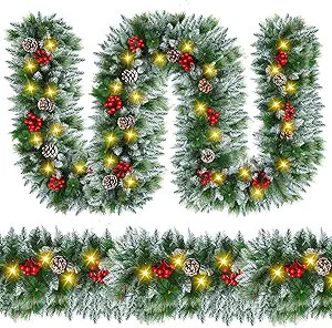 Christmas Garland with Lights - 9FT Pre-Lit Flocked Garland with 30 LED Bulbs, Red Berries, Pine ... | Amazon (US)