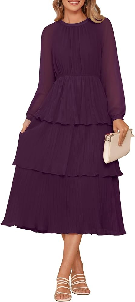 ZESICA Women's 2024 Long Sleeve Crew Neck Ruffle Tiered Layered Chiffon Flowy Swing Long Midi Dre... | Amazon (US)