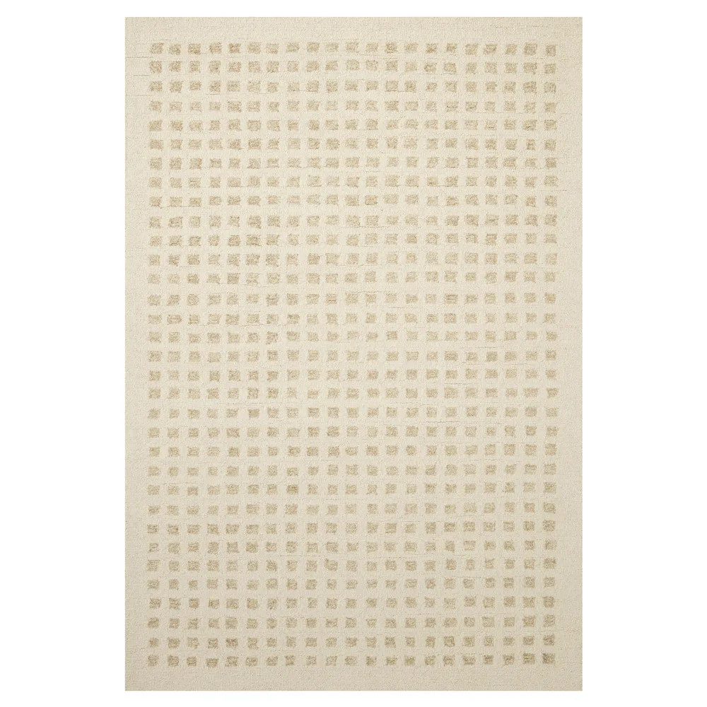 Amarae Mid Century Modern Beige Wool Square Patterned Rug - 9'3""x13' | Kathy Kuo Home