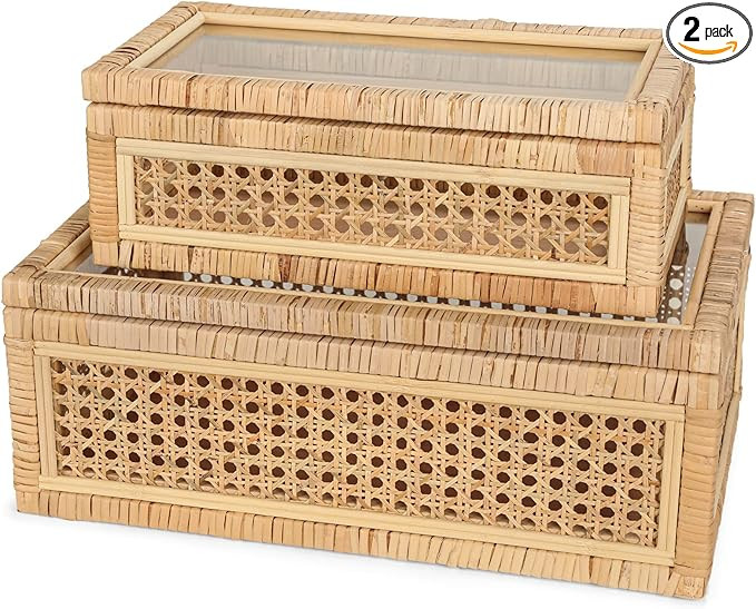 Large Handwoven Boho Rattan Display Boxes with Glass Lids - Set of 2 Rectangular Decorative Stora... | Amazon (US)