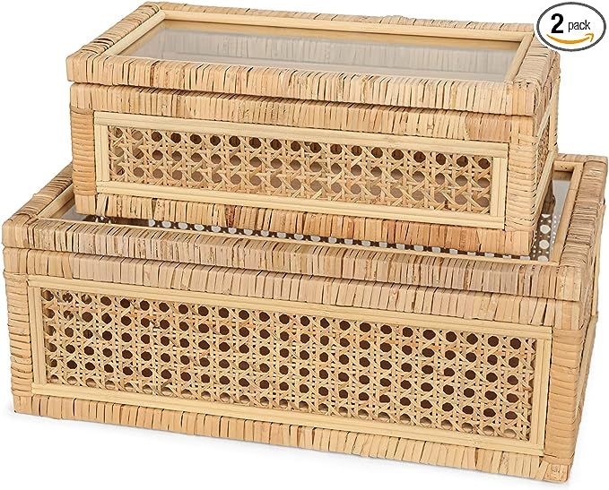 Handwoven Boho Rattan Display Boxes with Glass Lids - Set of 2 Rectangular Decorative Storage Bin... | Amazon (US)