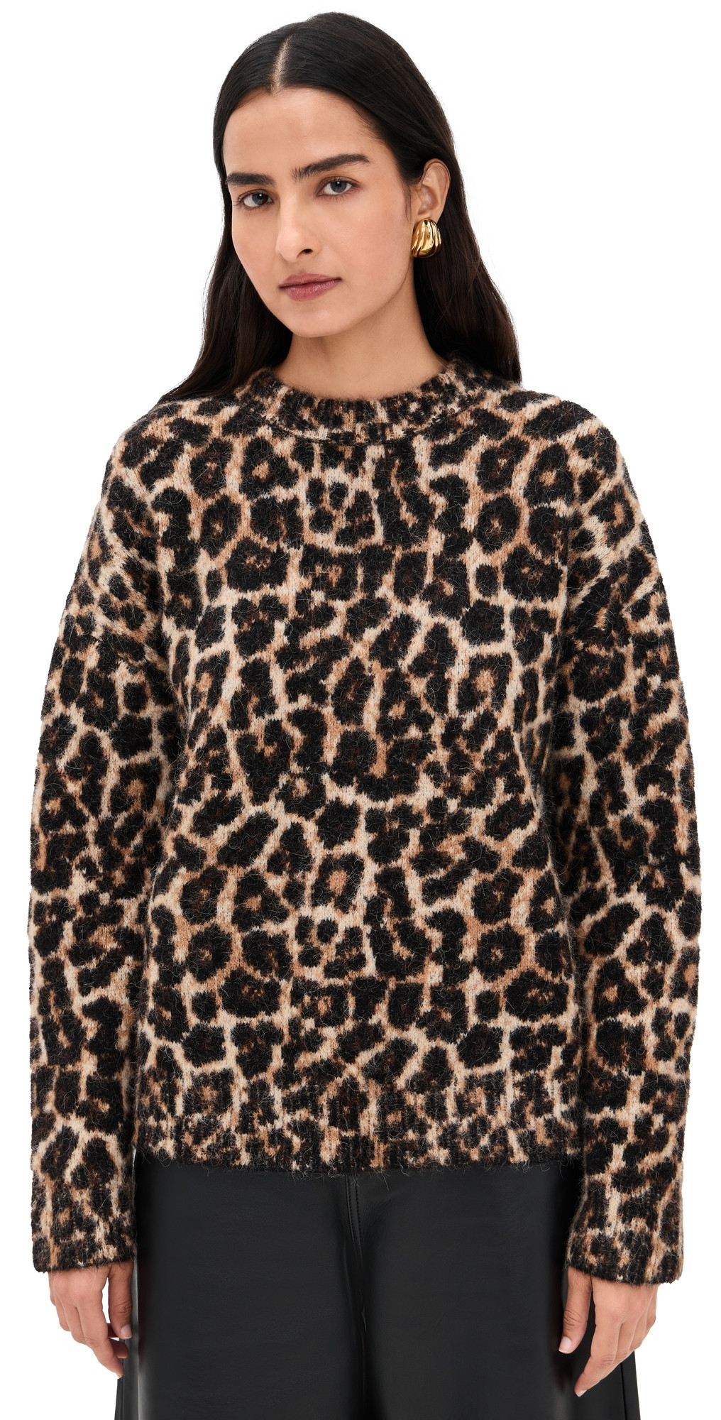 ANINE BING Sydney Crew Sweater Black and Brown Leopard M | Shopbop