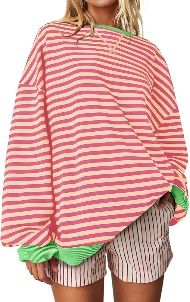 UEU Women Oversized Striped Crewneck Sweatshirt Long Sleeve Color Block Pullover Tops Casual Loos... | Amazon (US)