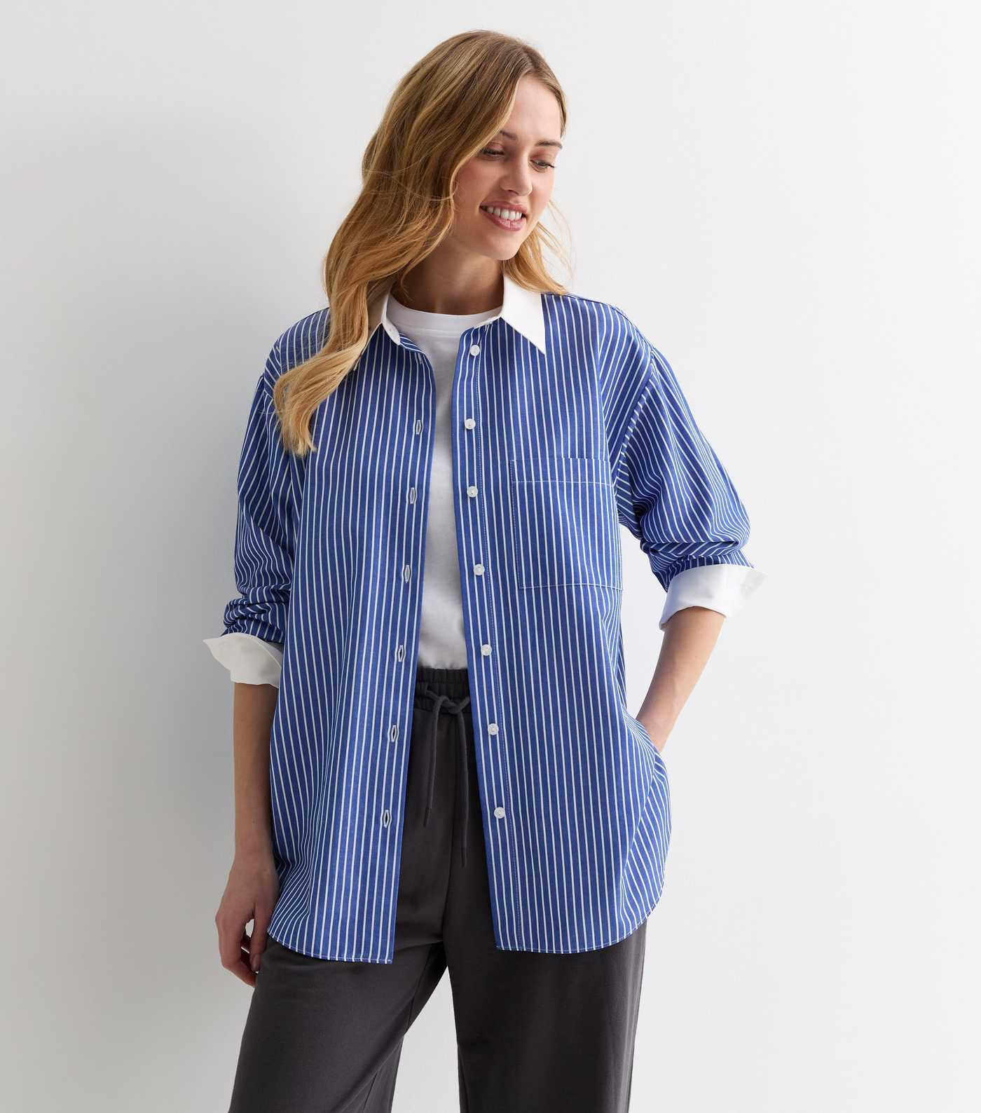 Blue Stripe Poplin Contrast Detail Shirt | New Look | New Look (UK)