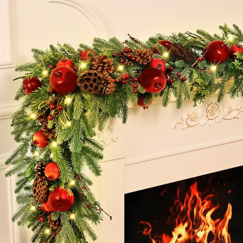 Christmas Garland - 5.9ft Christmas Garland for Mantle, Norfolk Pine Garland Cedar Garland with Christmas Fruits Lotus Pod Garlands for Home Party Fireplace Decor | Amazon (US)