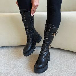 Myles Black Buckle Lace Up Chunky Calf Boots | Simmi Shoes
