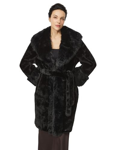 BEAUZSUZSANA Luxurious Faux Fur Coat with Belt and Pockets Elegant Winter Knee Length Fur Jacket for Women Solid Color (Black,L) | Amazon (US)