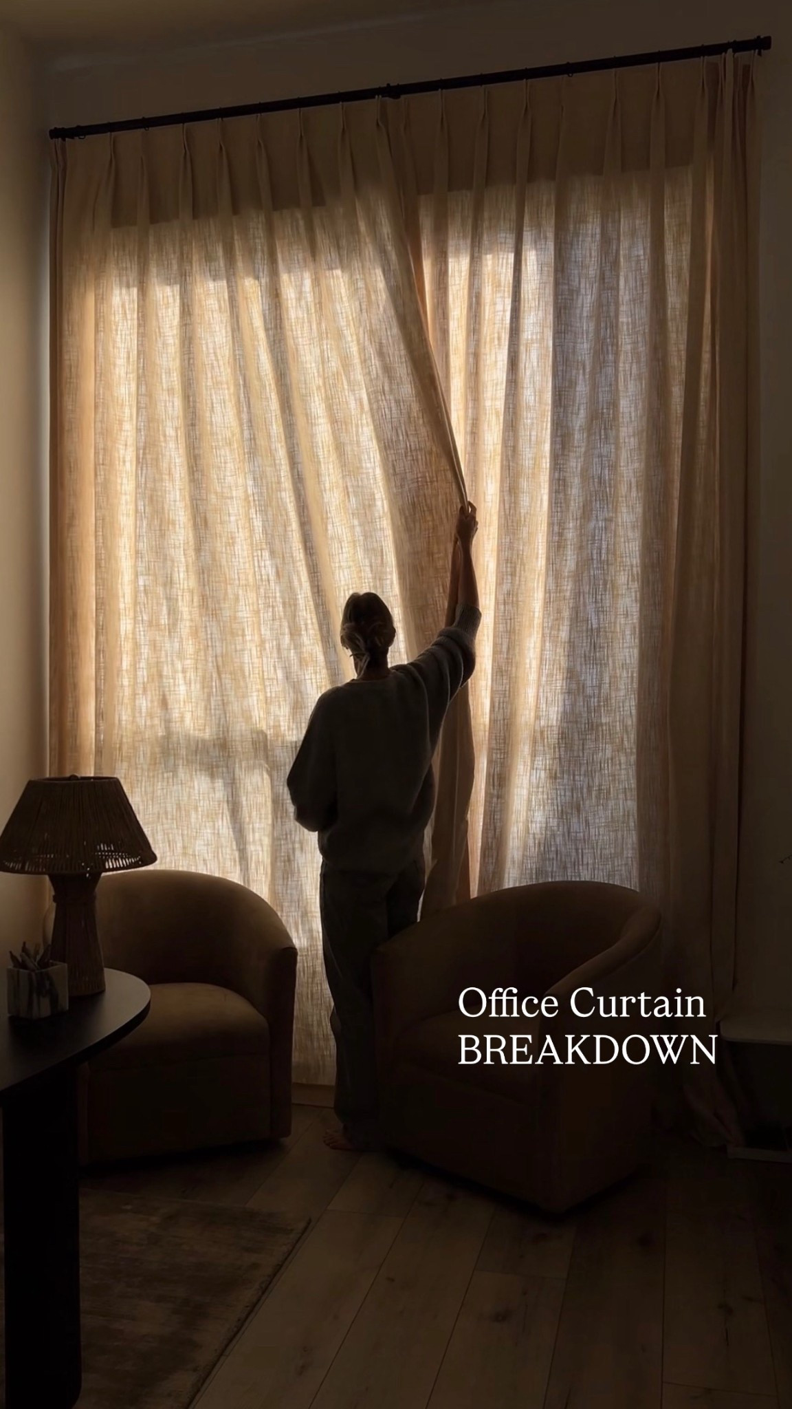 Office Curtain BREAKDOWN. Use code: AFINFLUENCER for 22% off! 

Style: Liz Linen Pleated Drape
Color: Sand Beige 
Header Style: Pinch Pleat
Lining: 60% privacy
No matching tie back/memory foam

#LTKHome