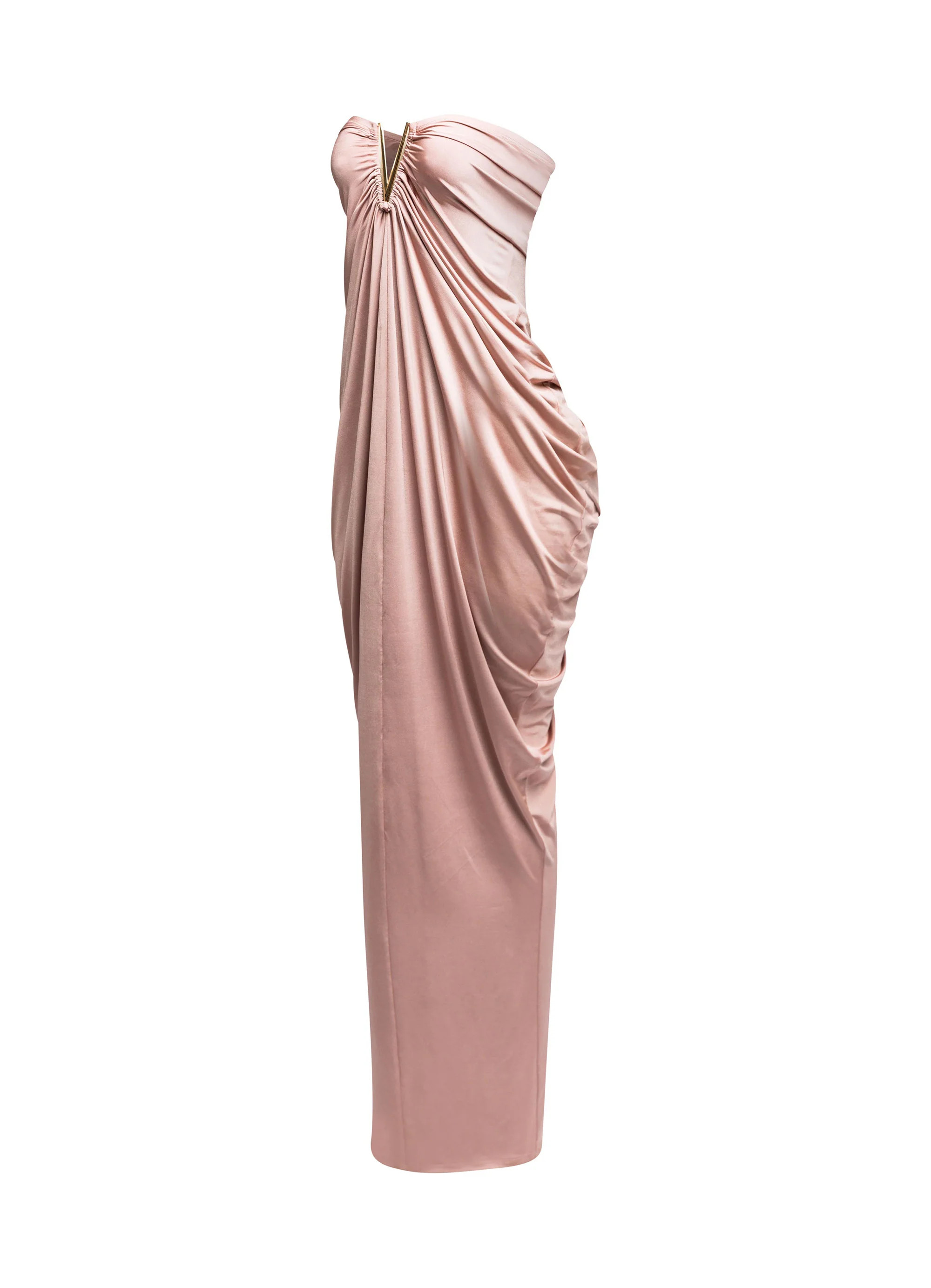 V shape trim detailed draping body strapless maxi dress | Bogomore