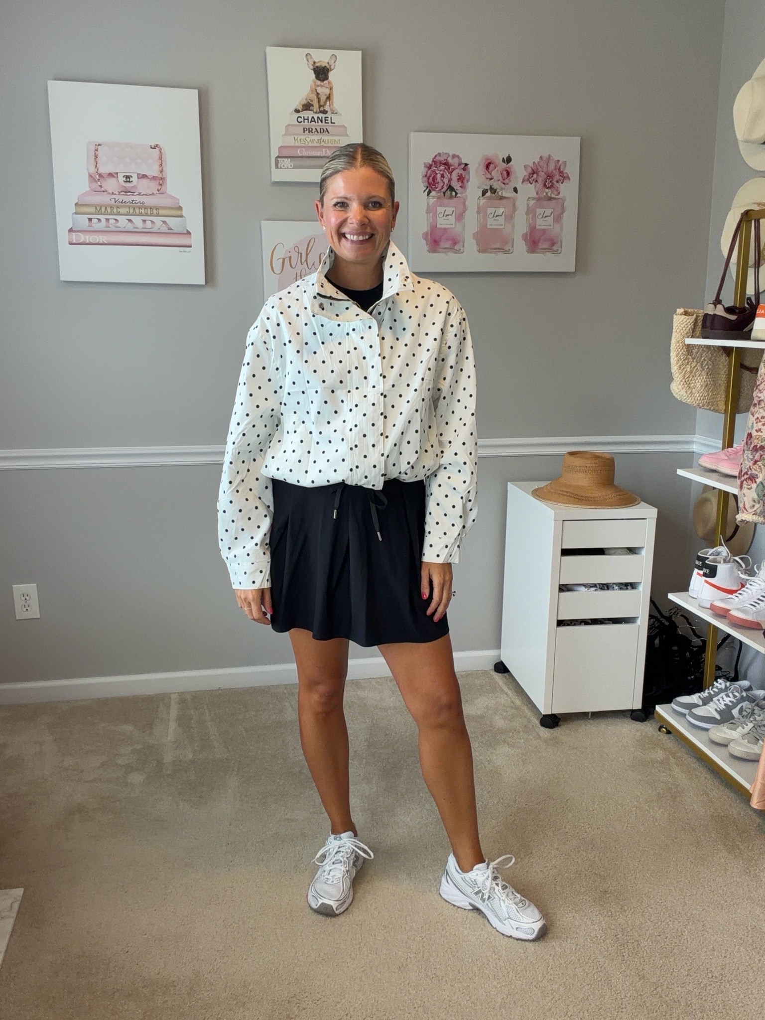 White and black polka dot light weight jacket TTS
Black active skirt TTs

#LTKTravel #LTKOver40 #LTKActive