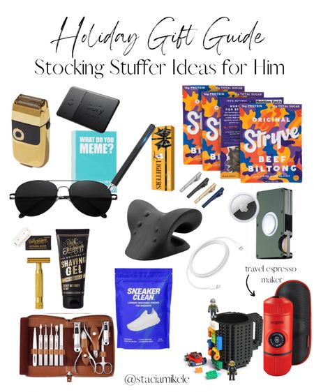 Stocking stuffers for men- teens- husbands- boyfriends.

Electric Foil Shaver
Eufy Wallet Finder – Works with Find My App
What Do You Meme? game
Sojos Sunglasses
Electric Lighter
Shaving Set
Men’s Manicure Set
Stryve Biltong
S curve Neck realignment pillow
Tie Clip -4 Pack
AirTag Wallet
USB-C Cable, because who doesn’t need a backup cord
Sneaker Cleaner
Lego Coffee Cup
Travel Espresso Maker