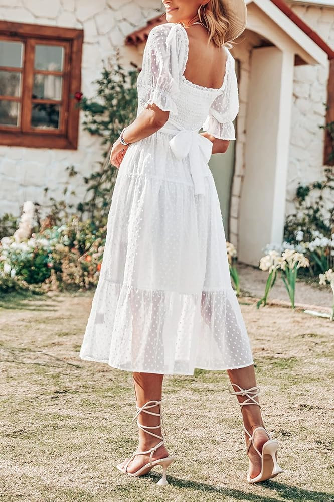 MEROKEETY Women's White Dress Summer Square Neck Puff Sleeve Boho Midi Dress Swiss Dot Ruffle Flo... | Amazon (US)