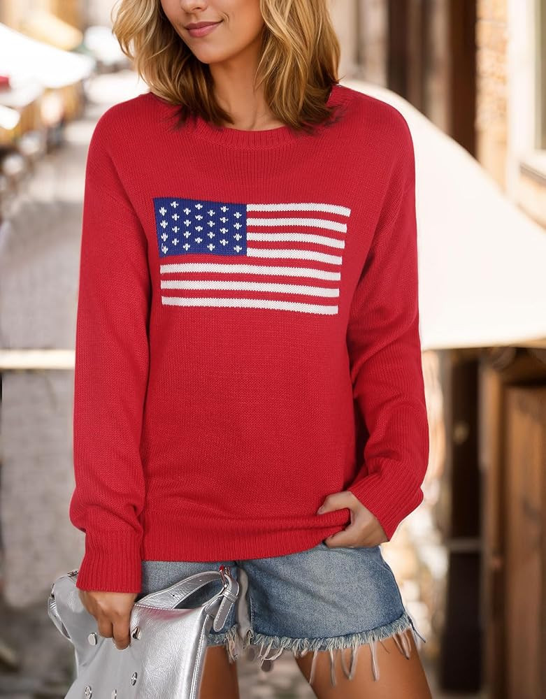 Womens American Flag Sweater Crew Neck Casual Pullover Sweater | Amazon (US)