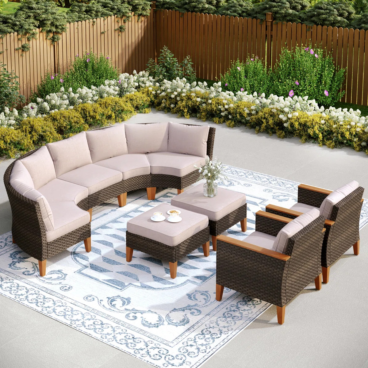 Argyri Wicker Outdoor Patio Conversation Furniture Sectional Set with Fire Pit Table | Wayfair North America
