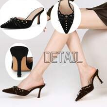 Studded Silp On Bow Heels Mules Pointed Toe Heels Black Kitten Heels For Women Elegant cm Low Heeled Womens High Heels | SHEIN