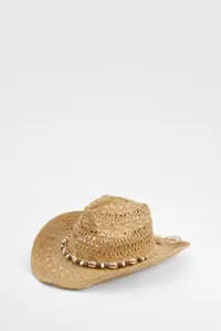 Beige Shell Detail Straw Western Cowboy Hat | Boohoo | Boohoo.com (UK & IE)