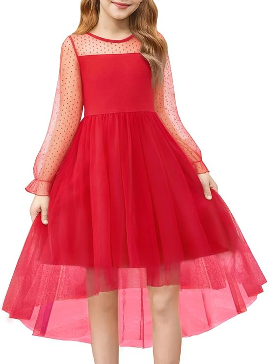 Haloumoning Girls Dresses Kids Contrast Mesh Long Sleeve Twirly High Low Birthday Party Formal Dr... | Amazon (US)