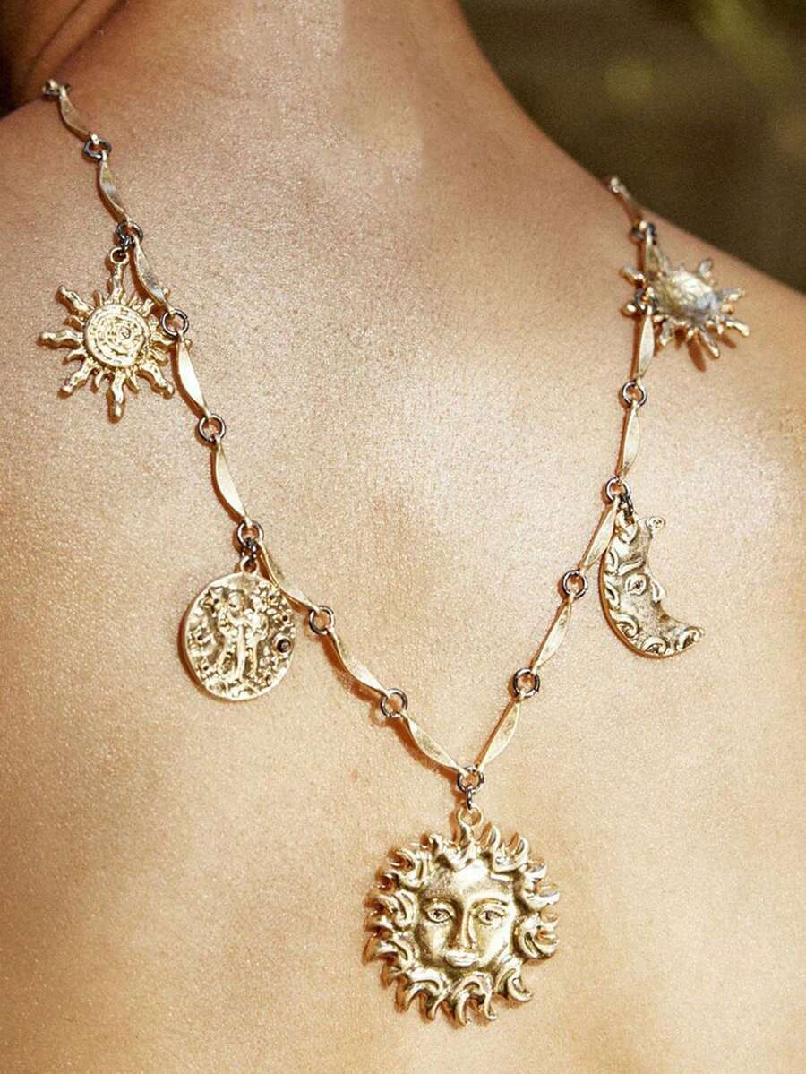 ZAA Cross Border Personalized Retro Design Alloy Sun Moon Pendant Double Layered Stacked Chain St... | SHEIN
