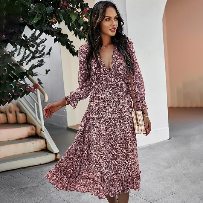 Boho Summer Dresses 2022 Ruffle Print V Neck Chiffon Midi Dress Women Wrist Flared Sleeve Holiday... | Amazon (CA)