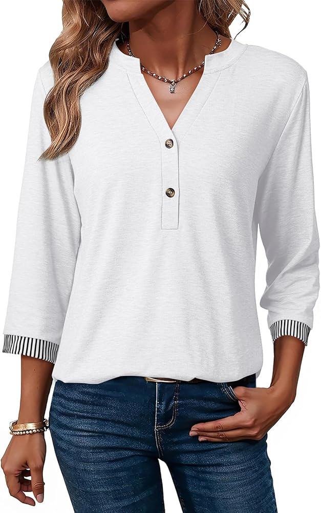 Dokotoo Womens Tops Spring Summer 3/4 Length Sleeve Fashion T-Shirts V Neck Button Down Dressy Ca... | Amazon (US)