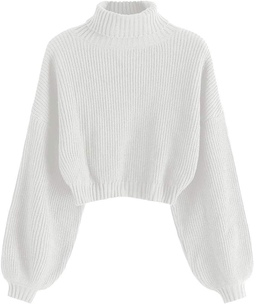 ZAFUL Women's Pullover Sweater Drop Shoulder Plain Knitted Cropped Sweater Pullover Solid Long Sleev | Amazon (US)