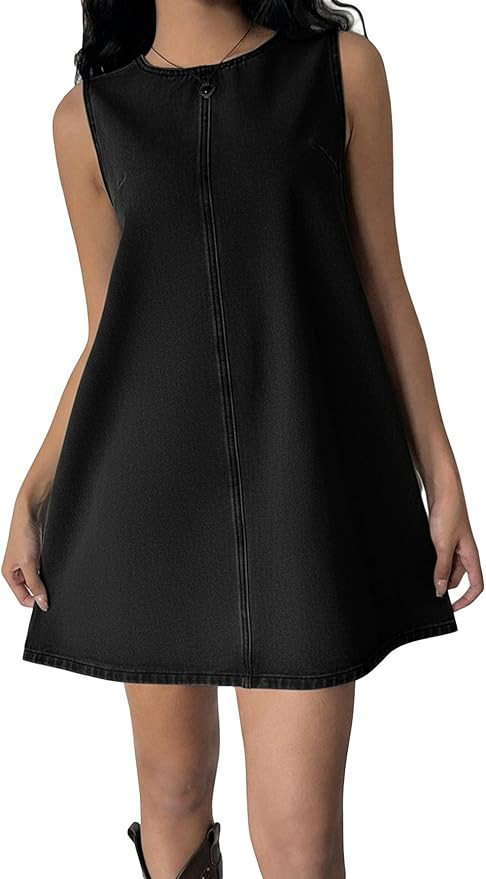 Milumia Women's Bow Tie Back Denim Sundress Crew Neck Sleeveless Flared Short Dresses | Amazon (US)