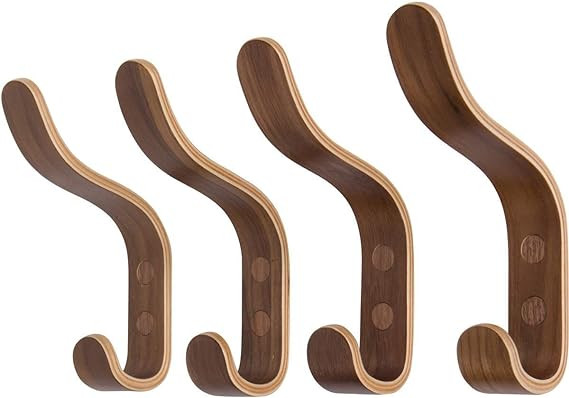 Plywood Wall Hooks Set of 4 Wood Coat Hooks Hanging Clothes Hats Robes Towels Walnut Wooden | Amazon (US)
