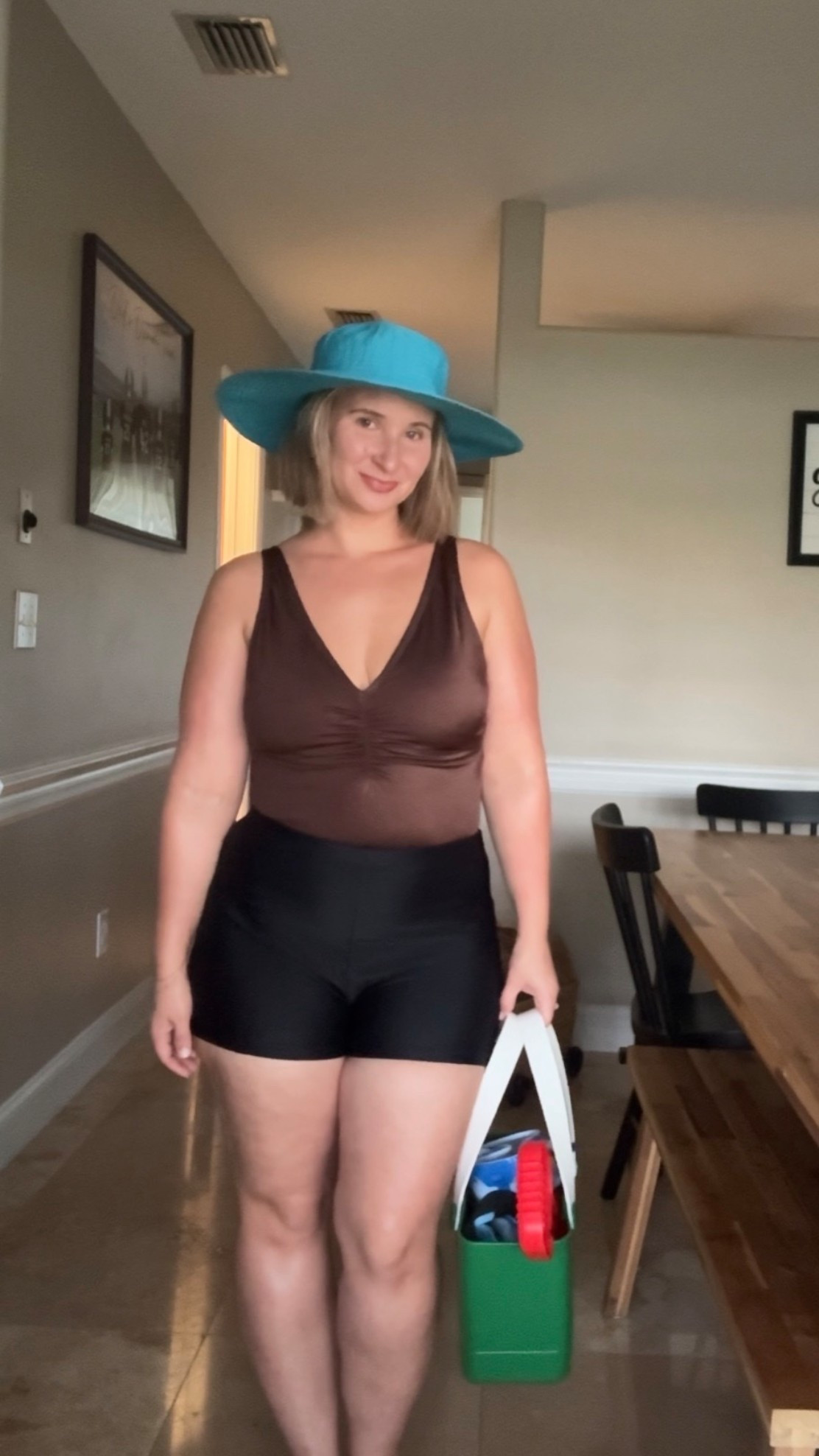 Ready for a beach day with my kids ☀️ 

For reference I’m wearing a L swimsuit, L shorts and I’m 5’2 ~150lbs 

Also I’m lovingggg this aqua blue hat 🐬🐬🐬🐬

#LTKootd #LTKmomlife #LTKSwim