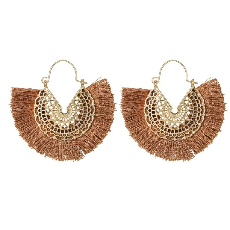 Time and Tru Women's Fringe Hoop Earring, Brown | Walmart (US)