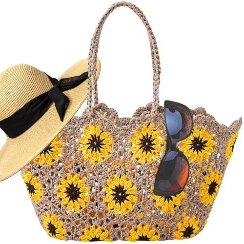 TOFUNTOY Beach Bags for Women Straw Tote Bag Floral Straw Bag Large Tote Handbag Summer Beach Bag for Vacation Holiday (Brown) | Amazon (US)