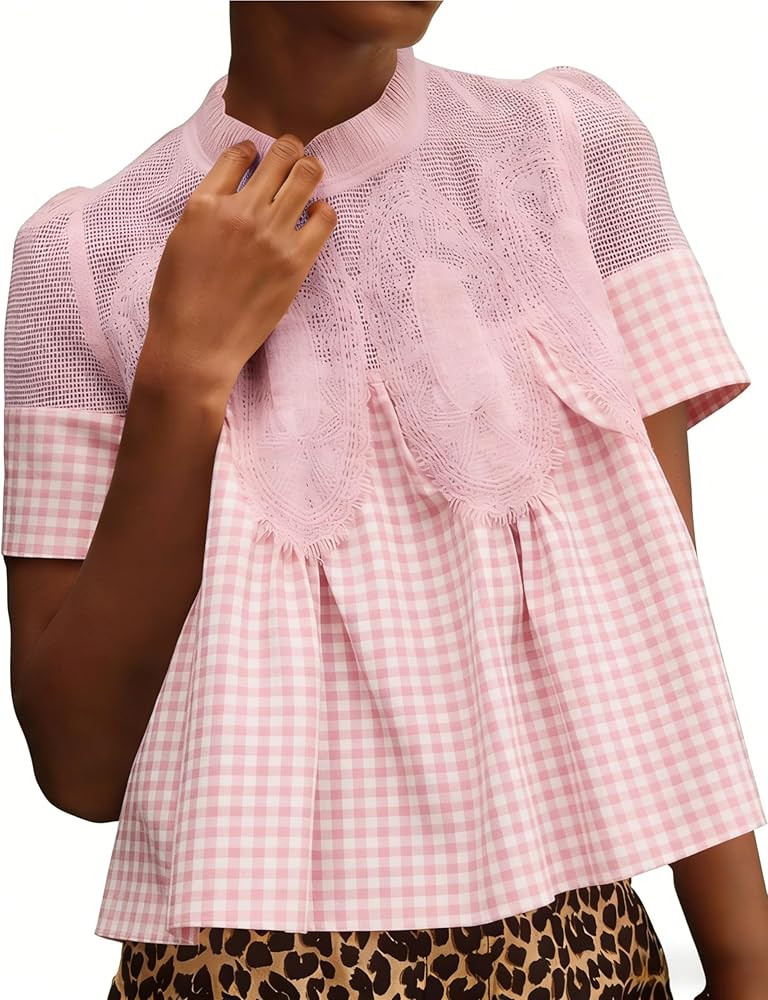 Gozoloma Women's Plaid Lace Short Sleeve Blouse Poplin Mesh Crew Neck Swing Babydoll Tops Casual ... | Amazon (US)