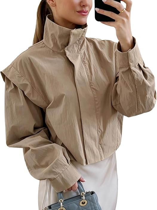 Cropped Bomber Jacket Women Funnel Neck Lightweight Jacket | Amazon (US)