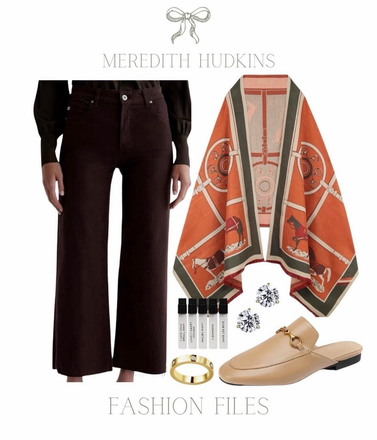 Women's Fashion, Meredith Hudkins, transitional fashion, fall fashion, ootd, work attire, trending, preppy, timeless, chic, affordable, diamond earrings, brown jeans, tan mules, gold ring, shawl wrap, dime perfume

#LTKSaleAlert #LTKFindsUnder50 #LTKFindsUnder100