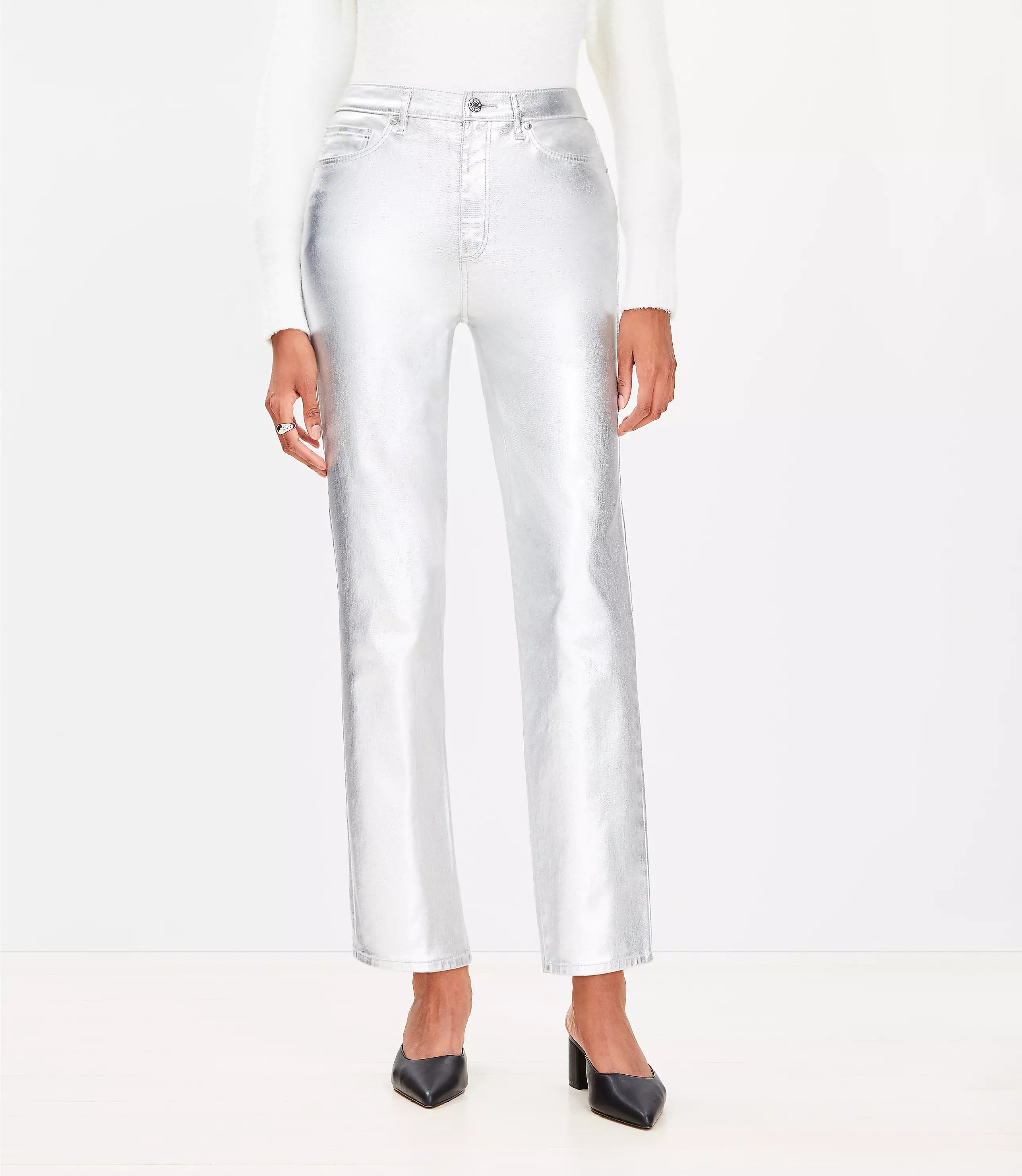 Curvy Coated High Rise Straight Jeans in Silver Metallic | LOFT